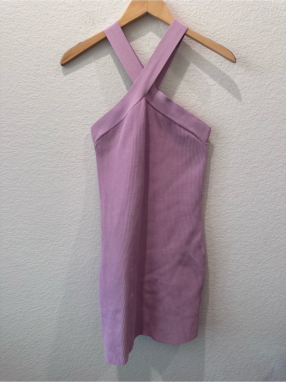 Babaton Sculpt Knit Criss Cross Halter Mini Dress Lilac Purple Size L